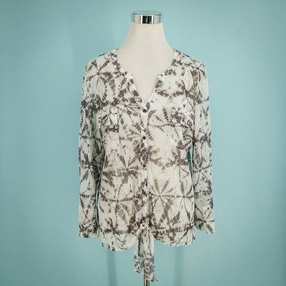 Chico's 3 Size XL Tie Dye Print Button V Neck Long Sleeve Tie Hem Mesh Top - Picture 1 of 6